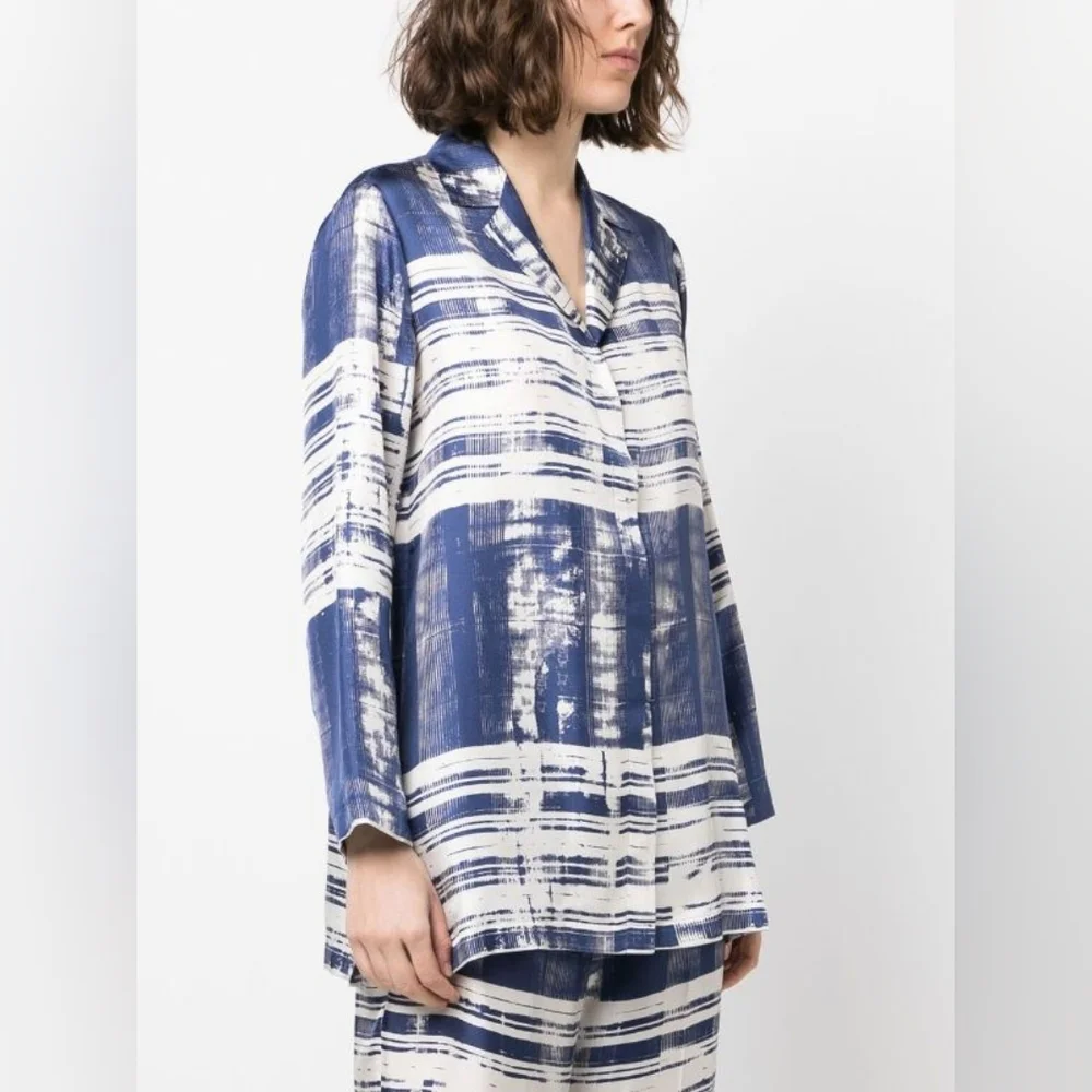 Max Mara Studio Franca Printed 100% Silk Shirt  Blouse Abstract Striped Size 10 - Picture 8 of 16